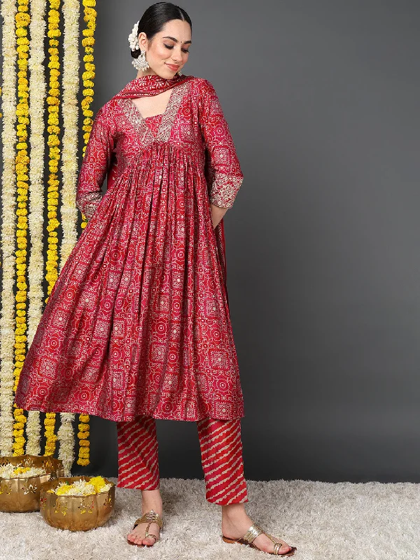 Maroon Polyester Ethnic Motifs Printed Flared Kurta Trouser With Dupatta Trousers High Rise Slim Fit Maroon Polyester Ethnic Motifs Printed Flared Kurta Trouser With Dupatta Trousers High Rise Slim Fit