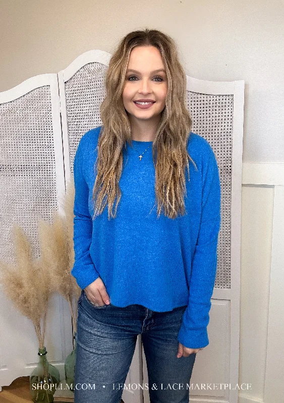 Ocean Blue Ribbed Dolman Sweater Boxy Sweater Fitted Sweater A-Line