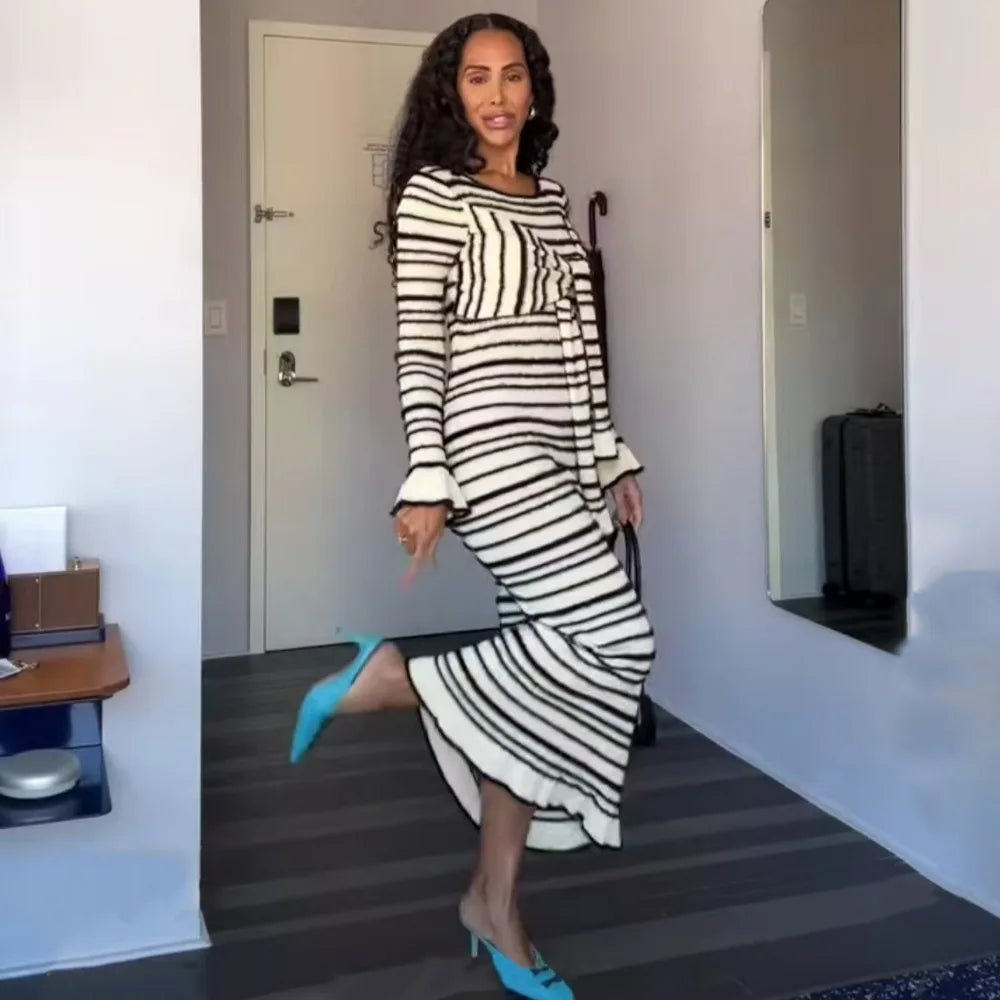 Bonnyshow White Striped Sweater Dress Women Autumn Winter Casual Warm Long Sleeve Knitted Dress Fashion Bandage Slim Party Dresses 2024 Fleece Fabric Down Fabric Feather Fabric