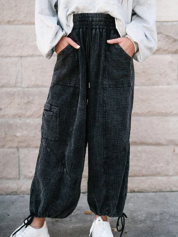Edgy Black Mineral Wash Textured Wide Leg Drawstring Trousers Trousers Top Rated