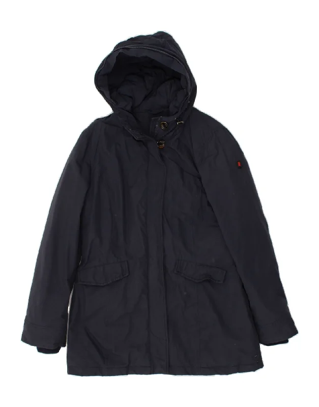 RIFLE Womens Hooded Padded Coat UK 14 Medium Navy Blue Cotton