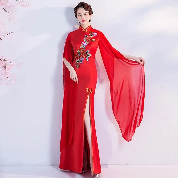 Floral Embroidery Cheongsam Mermaid Evening Dress with Chiffon Sleeve