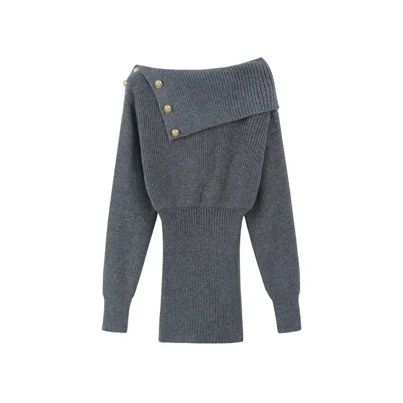 Lunivop Korean Style Mini Knitted One Piece Dress Women Coquette Sexy Slash Neck Long Sleeve Grey Dresses Vintage Fall Vestidos