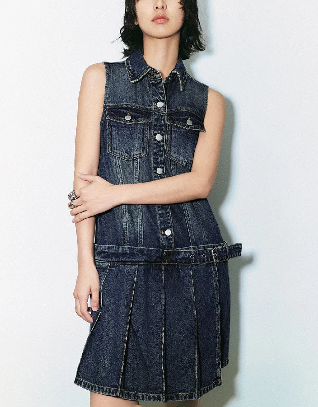 Sleeveless Lapel Denim Straight Dress