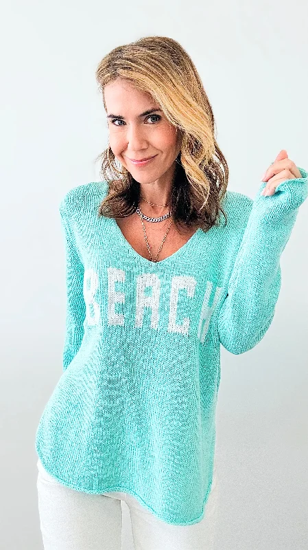 Beach Lightweight Knit V Neck - Aqua /White