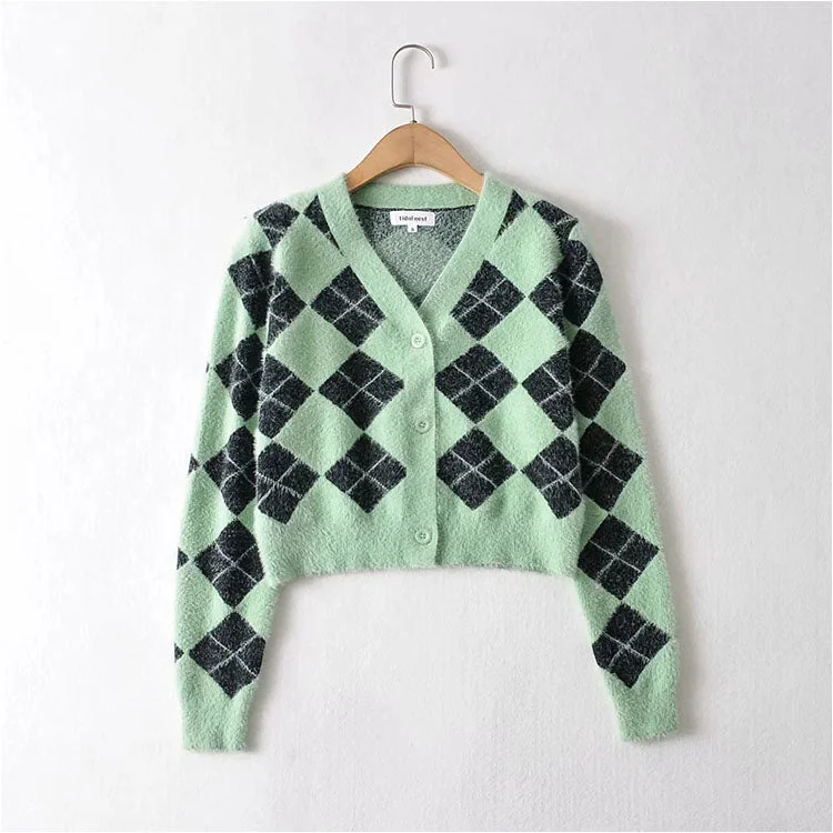 Slim and thickened hippocampal hair V-neck diamond lattice knitted coat  7180