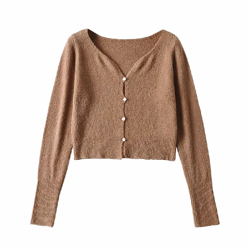 V-neck waist with exposed navel and long sleeve knitted cardigan  7229