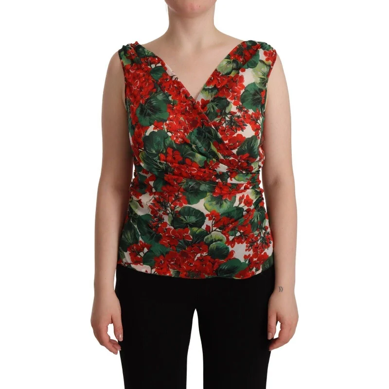 Dolce & Gabbana Elegant V-Neck Geranium Print Silk Tank Top