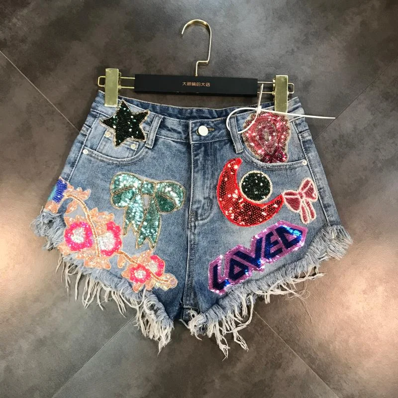 OUDINA Hot Selling Heavy Industry Patch Raw Edge Sequins Fashion Women's Denim Shorts For Woman