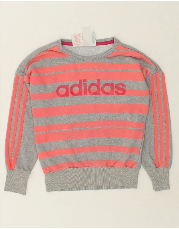 ADIDAS Girls Climalite Graphic Sweatshirt Jumper 9-10 Years Grey Striped