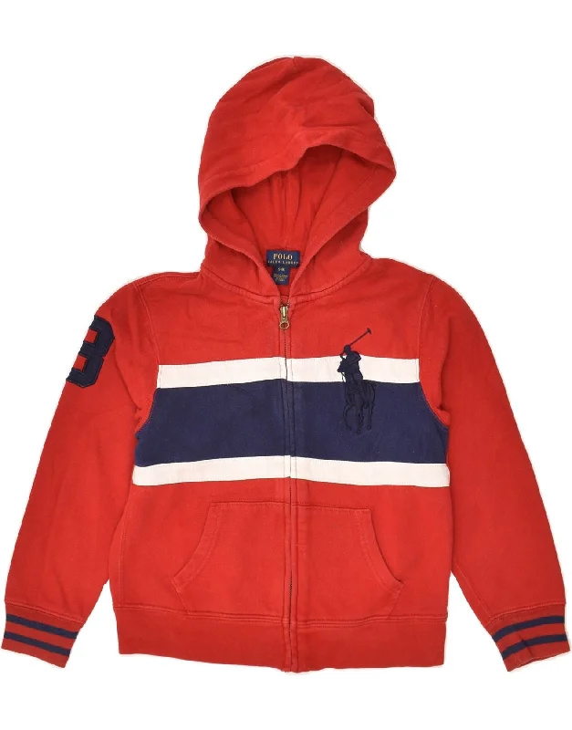 POLO RALPH LAUREN Boys Graphic Zip Hoodie Sweater 7-8 Years Small Red