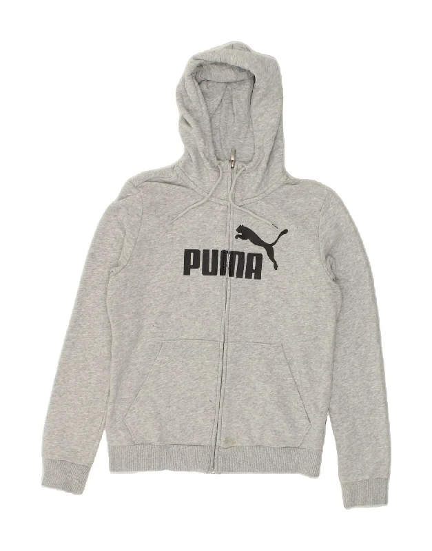 PUMA Womens Graphic Zip Hoodie Sweater UK 12 Medium Grey Cotton