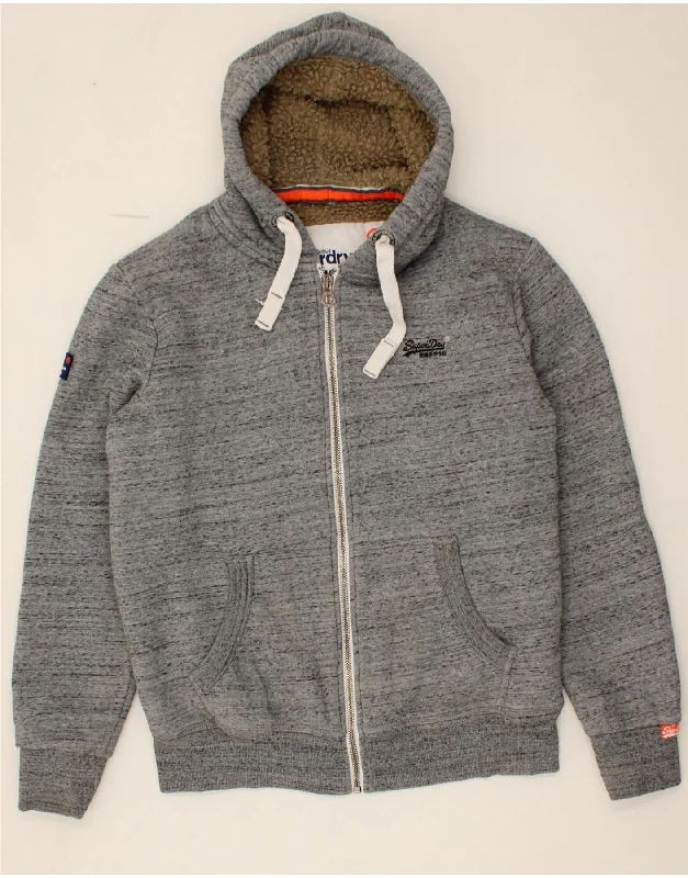 SUPERDRY Mens Zip Hoodie Sweater Large Grey Flecked Cotton