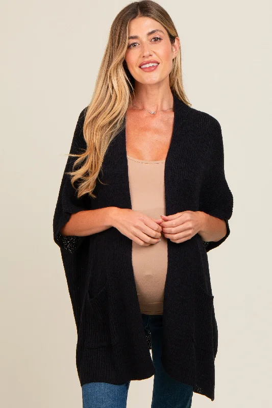 Black Drop Shoulder Side Pocket 3/4 Sleeve Maternity Cardigan